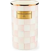 MACKENZIE-CHILDS Enamel Utensil Holder, Pink-and-White Rosy Check | Hand-painted design, made from enameled steel, ideal for storing and organizing kitchen utensils, 5" dia. x 8.5" H
