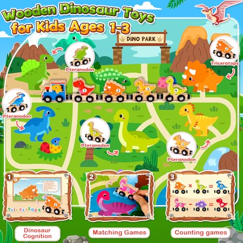 Toddler Dinosaur Toys for 1 2 3 Year Old Boys, Dinosaur Train Toys for Boys | Montessori Toys for 1-3 Year Old, Wooden Magnetic Dinosaur Train Set for Boys age 2 3 4, First Birthday Gifts for Boys Girls