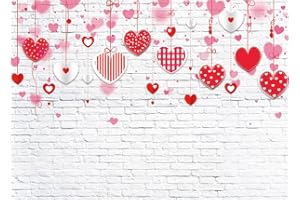 LTLYH 7x5ft Valentine's Day Backdrop White Brick Wall Red Hearts Photography Background for Mother's Day Wedding Bridal Shower Birthday Party Decor Banner Portrait Photo Booth Props 088