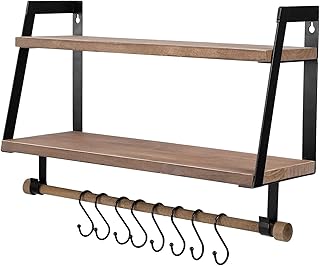 Vencipo Wandregal Holz für Organizer Küche Gewürzregal mit 8 Metall Haken, Vintage Regal Wand für Badezimmer Aufbewahrungs mit Handtuchhalter. Bücherregal Holz für Wanddeko Kinderzimmer.