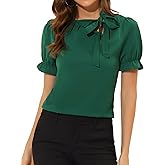 Allegra K Women's Bow Tie Neck Tops Elegant Office Short Sleeve Blouse
