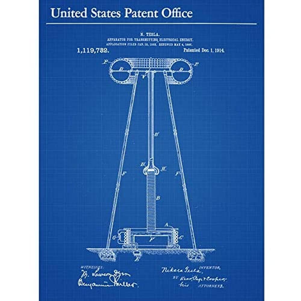 Artery8 Tesla Electrical Energy Transmitter 1914 Vintage Patent Art Print Canvas Premium Wall Decor Poster Mural