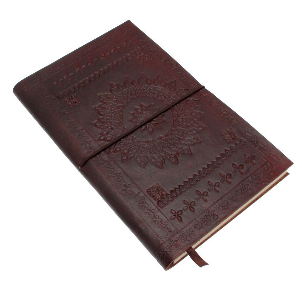 Handmade Embossed Large Leather Notebook, Soft Cover and Elastic Closure Journal, Chocolate Brown, 50 Unlined Recycled Paper Pages