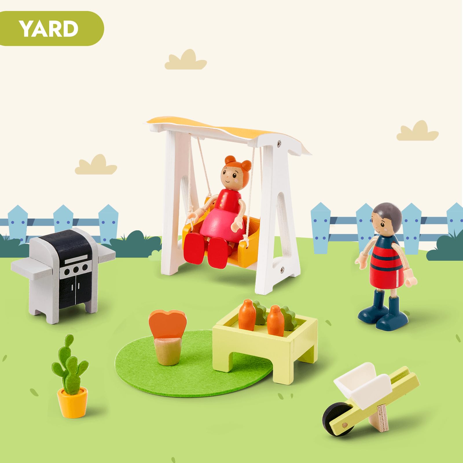 Giant bean 85pcs Wooden Plastic Dollhouse Furniture Set for 6 Rooms, Modern Dollhouse Accessories Pretend Play Furniture Toys for Boys Girls Toddlers & Kids 3 4 5 6 7 Years and up