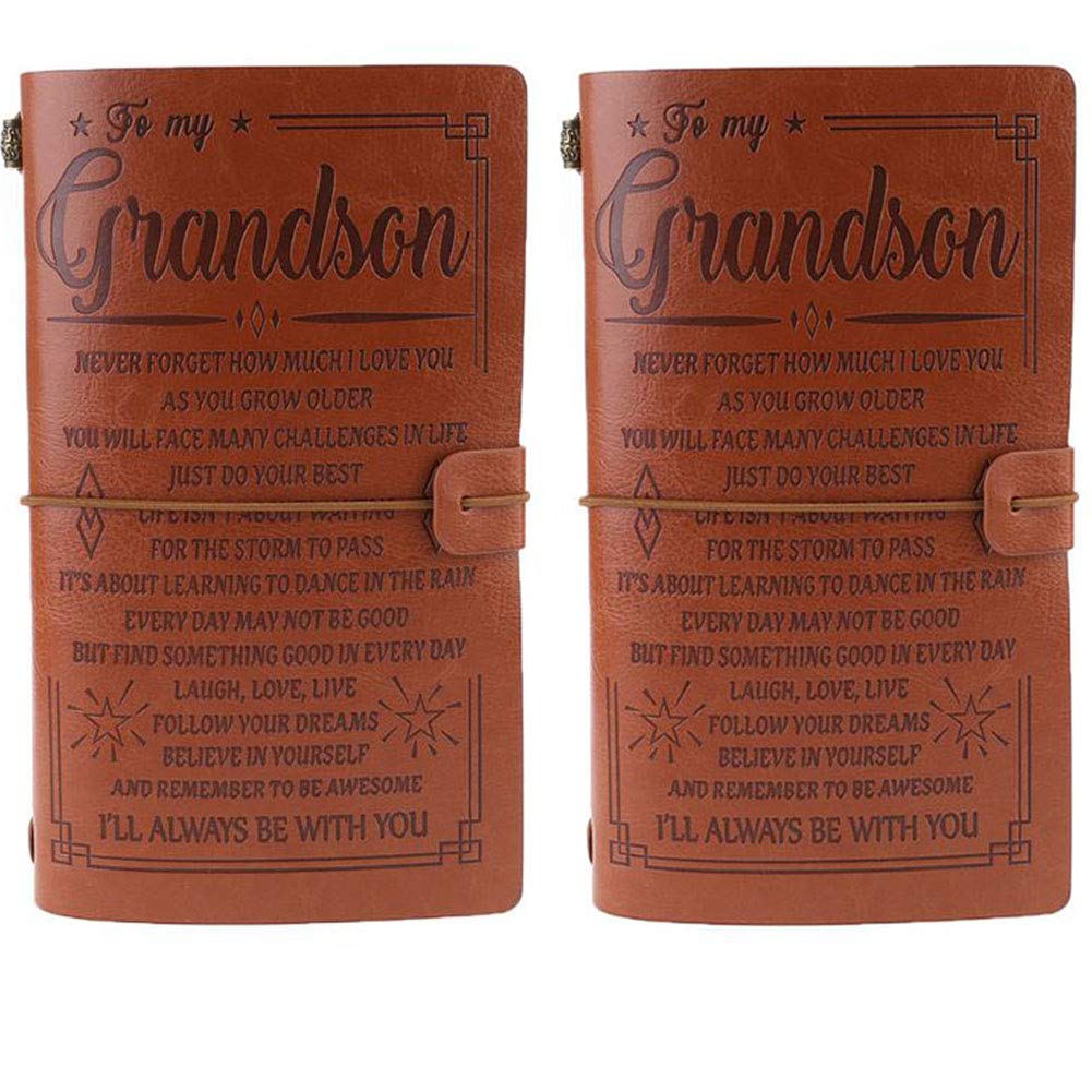 2 PCS Vintage Engraved Faux Leather Journal Notebook Diary to Grandson Travel Notepad Gift 20x12cm School Christmas Wedding Trip Birthday Graduation Gift Gifts for Grandchildren