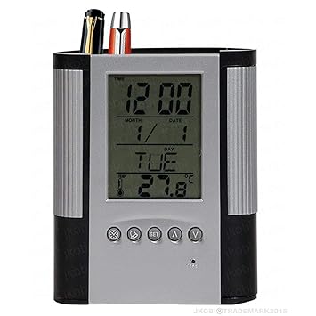 Tuelip Plastic Pen Pencil Holder with Clock Temperature Alarm (10 cm x 8 cm x 8 cm, Silver)