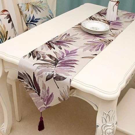 Camino De Mesa Hecho A Mano,Mantel Lavable Vintage Con Hojas Moradas