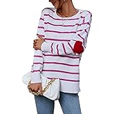shermie Womens Stripes Sweaters Long Sleeve Crewneck Elbow Patch Cute Heart Pullover Sweater