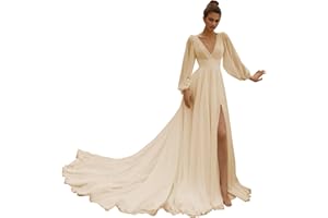 Huaxiafan Beach Long Sleeve Wedding Dresses for Bride V Neck Empire Waist Slit A Line Chiffon Bridal Gown with Train