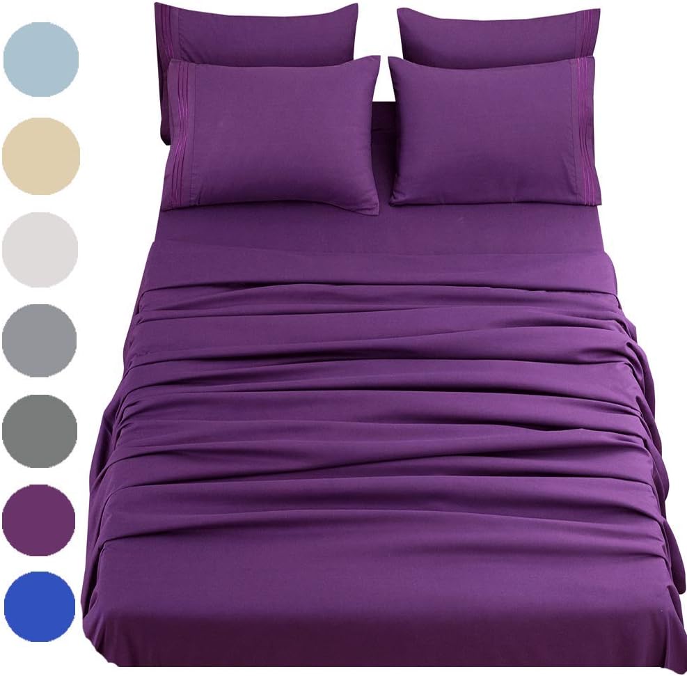 SONORO KATE Bed Sheet Set Super Soft Microfiber 1800 Thread Count Luxury Egyptian Sheets 18-Inch Deep Pocket，Wrinkle and Hypoallergenic-6 Piece (Purple, Queen-6 Piece)
