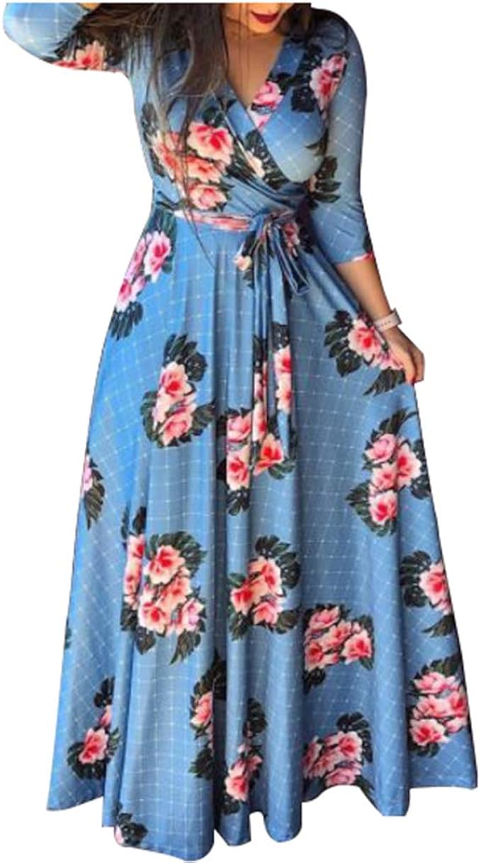 Robe Longue Femme Vintage Floral Imprime Col Rond Robe Ete Retro