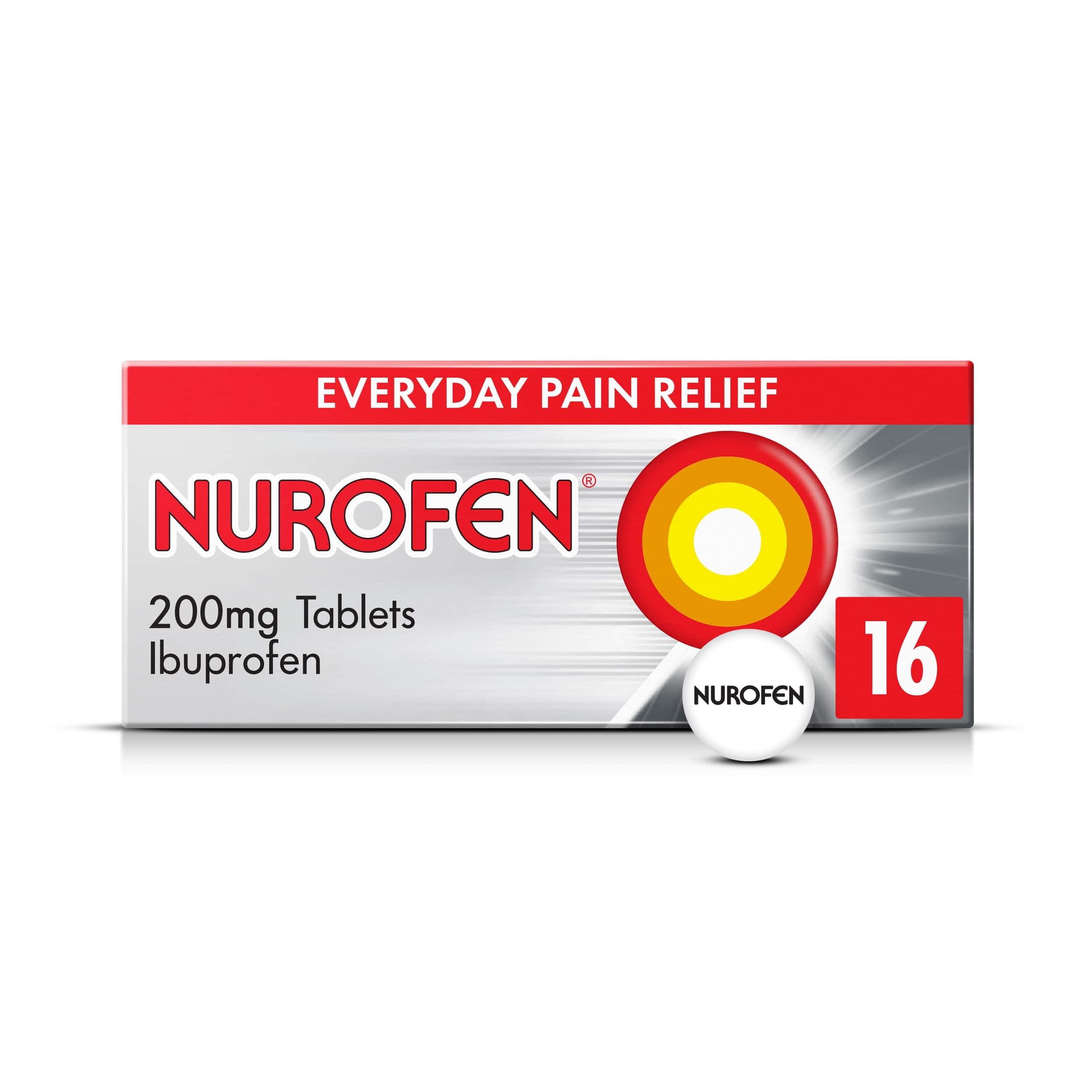 Nurofen Ibuprofen 200mg Tablets, 16 Caplets for Headache, Migraine, Back Pain, Cold & Flu Relief, 8-Hour Painkiller, Over-The-Counter Medication