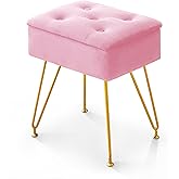 ALeesing Vanity Stool Chair with Storage, Square Velvet Makeup Vanity Chair with Metal Legs & Adjustable Gold Feet, Flip Top Ottoman Foot Rest with Soft Padded Seat for Bedroom Living Room, Pink