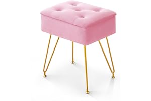 ALeesing Vanity Stool Chair with Storage, Square Velvet Makeup Vanity Chair with Metal Legs & Adjustable Gold Feet, Flip Top Ottoman Foot Rest with Soft Padded Seat for Bedroom Living Room, Pink