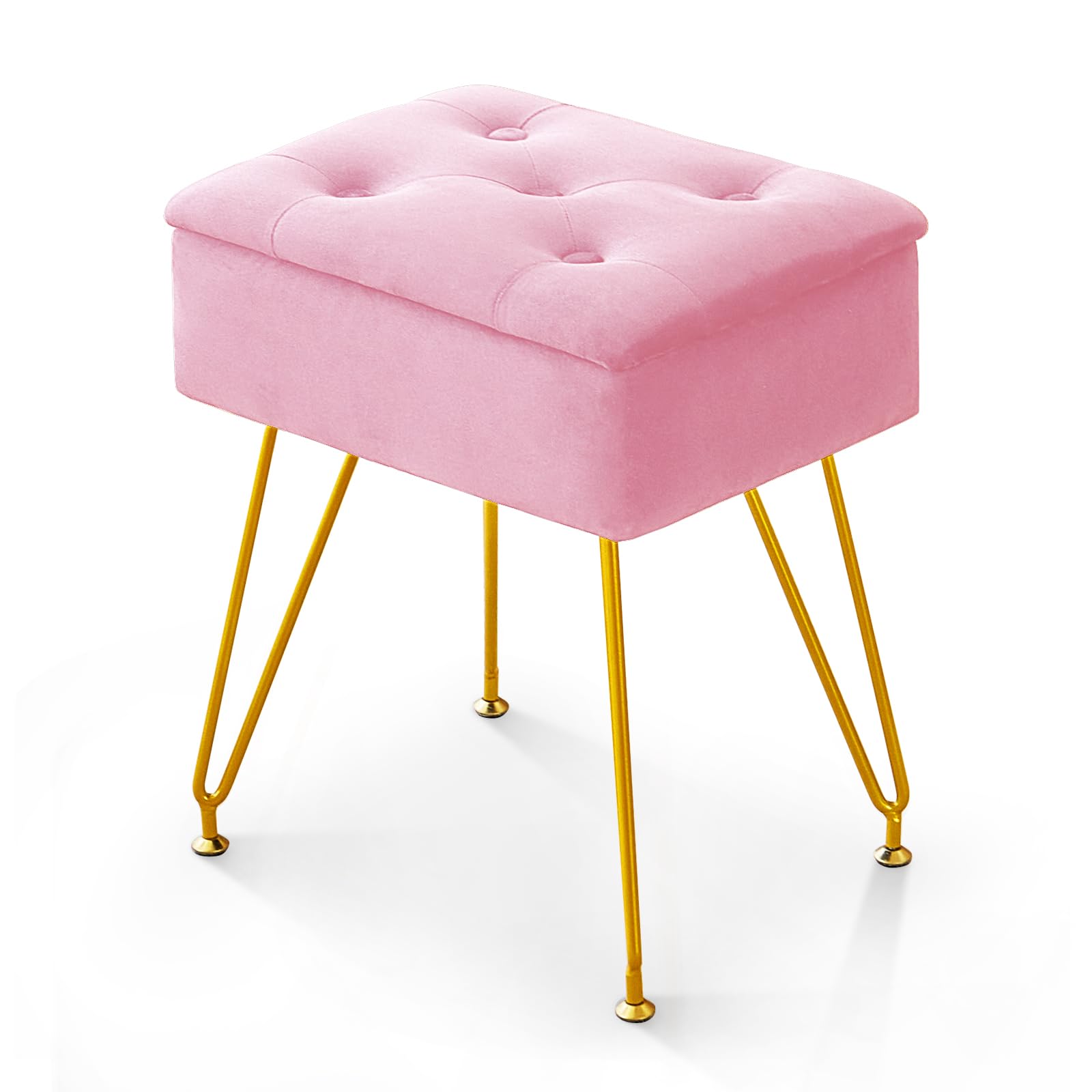 Photo 1 of ALeesing Vanity Stool Chair with Storage, Square Velvet Makeup Vanity Chair with Metal Legs & Adjustable Gold Feet, Flip Top Ottoman Foot Rest with Soft Padded Seat for Bedroom Living Room, Pink
