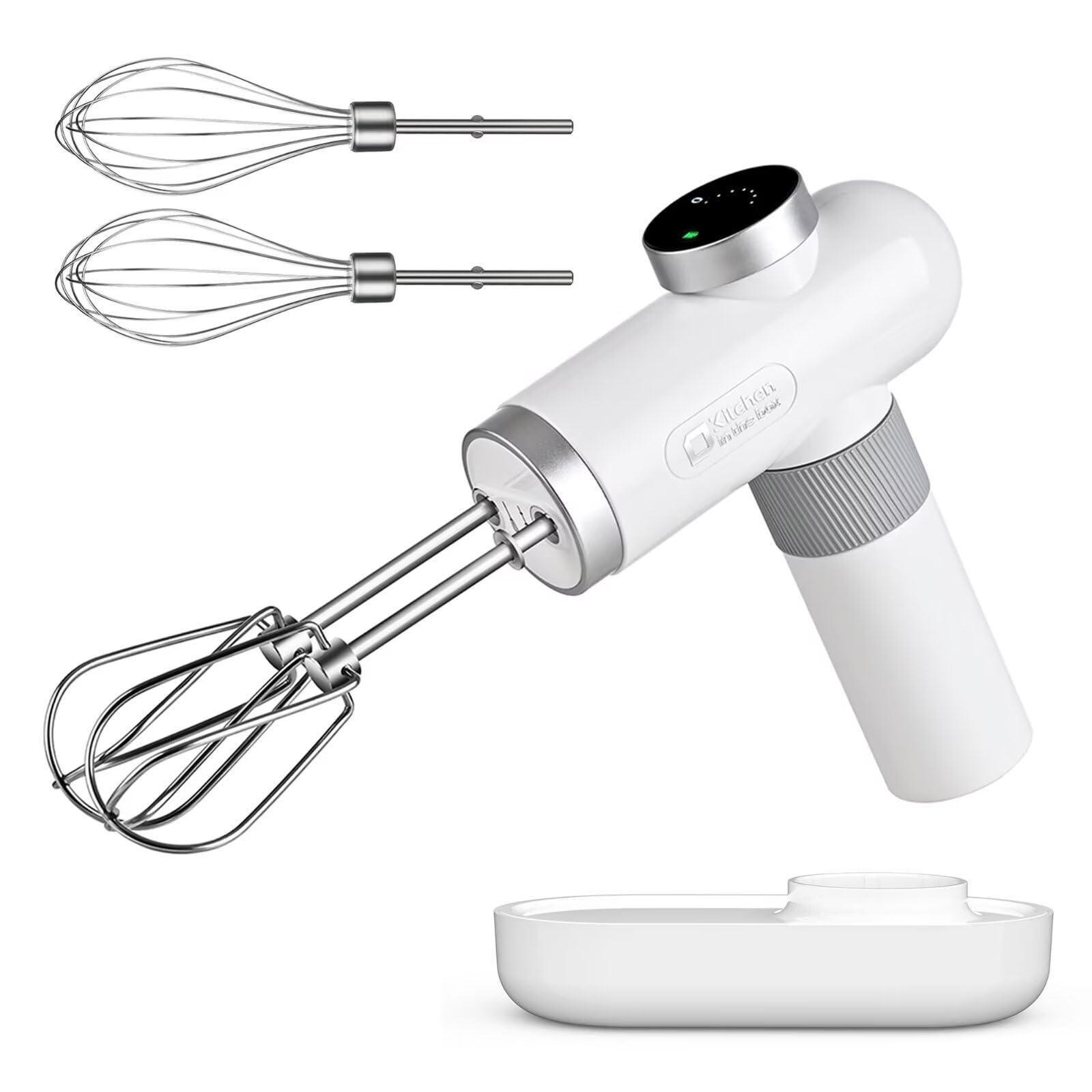 Photo 1 of Kitchen in the box Cordless Rechargeable Hand Mixer for Kitchen, Portable Handheld Electric Mixer with Beaters, Whisks, 6-Speed Digital Display, Charging Base and USB-C Charge Cable (Pearl White)