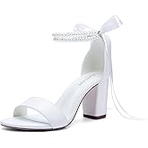 Hyinlays Women's Open Toe Block Heel Pearl Wedding Shoes for Bride Chunky Heeled Sandals Bridal Shoes Pumps