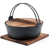 Happy Sales HSSN-LGHP10, Japanese Design Cast Iron Nabe Sukiyaki Nabemono Hot Pot With Wooden Lid, 90 fl.oz.
