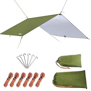 Unigear Tarp 3x3 3x4 3x5 4x4 wasserdicht, Zeltplane für Hängematte mit Ösen + 6/8 Erdnägel + 6/8 Seilen, Regenschutz Sonnenschutz kompakt für Ourdoor Camping Wandern Hängematte
