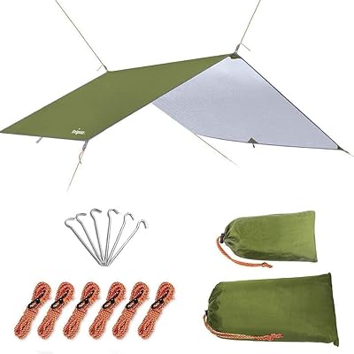 Unigear Tarp 3x3 3x4 3x5 4x4 wasserdicht, Zeltplane für Hängematte mit Ösen + 6/8 Erdnägel + 6/8 Seilen, Regenschutz Sonnenschutz kompakt für Ourdoor Camping Wandern Hängematte