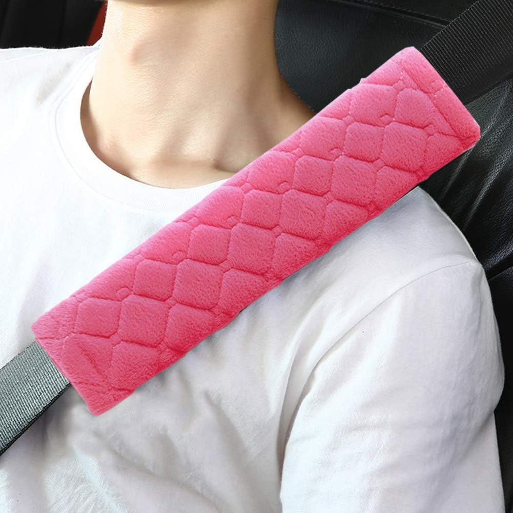 2 Pcs Seat Belt Pads, Seat Belt Comfort Harness Pads Cover Soft Plush Furry Grid Car Belt Pads Safety Belt Strap Luggage Shoulder Pad for Adults and Children Kids Travel Seat Belt Covers - Pink