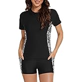 Tournesol Women's Rash Guard 2 Piece Short Sleeve Swim Shirt with Shorts Swimsuit with Bra Bathing Suit Plus Size with Pocket
