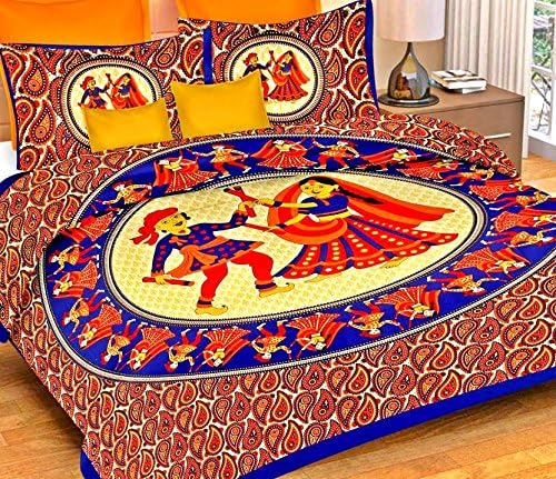 Jaipuri Chadaar Cotton Rajasthani Print Double Size Bedsheet with 2 Pillow Covers (Multicolour)