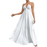 SHENHE Women's Deep V Neck Tie Knot Backless Halter Dress A Line Flowy Ruffle Maxi Dress
