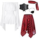 TIANKMER Pirate Costume Womens Renaissance Blouse Shirt Corset Waist Belt Eye Patch Skirt Halloween Party Cosplay Outfit