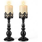 Afcabakila 2PCS Candle Holders for Pillar Candles Gothic Matte Black Vintage Tall Candle Holders Set Table Centerpiece Set Iron Candle Stand Decor