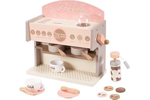 Fijinhom Kids Coffee Maker Set Wooden Play Coffee Maker Toy, 14Pcs Espresso Machine Playset with Grinder, with Milk Foamer and Toy Coffee Mug,Play Kitchen Accessories for Girls & Boys