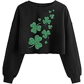 ZKDOO Women's St. Patrick's Day Crop Sweatshirt Funny Lucky Shamrock Graphic Lantern Long Sleeve Pullover Spring Tops