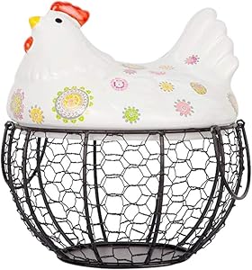 HEMOTON Rustic Wire Egg Basket with Ceramic Chicken Top and Handles Metal Basket Holder Countertop Organizer for Chicken Egg Carrying Collecting Farmhouse Rustic Kitchen Decor