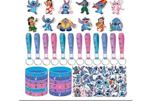 LILO AND STITCH 86pcs Stitch Birthday Party decorations Set Included 12 Bracelets, 12 Acrylic Pins, 12 Keychains, 50 Stickers, for Boys and Girls Cartoon Theme Party