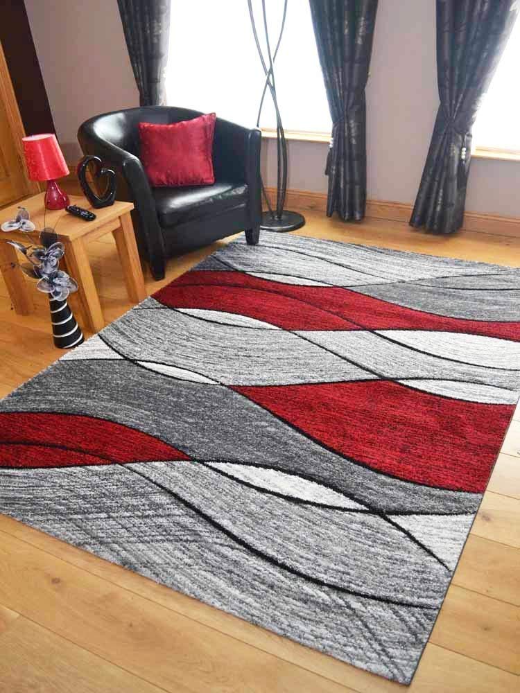 Impulse Red Grey Wave Thick Quality Modern Carved Rugs Runner Small Extra Large Soft (67cm x 120cm)
