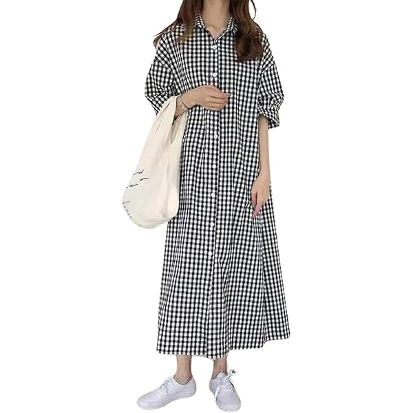 Sexyshine Women's Retro Plaid Button Down Long Sleeve Maxi Shirt