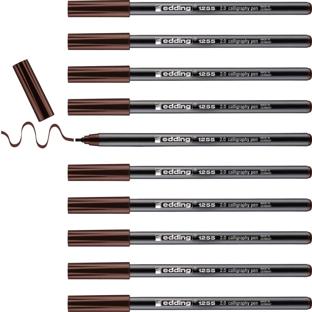 edding 1255 calligraphy pen - darkbrown - box of 10 - calligraphy nib 2 mm - fibre pen for paper, wood, terracotta, canvas - hand lettering, bullet journals, thank you cards, calligraphy books