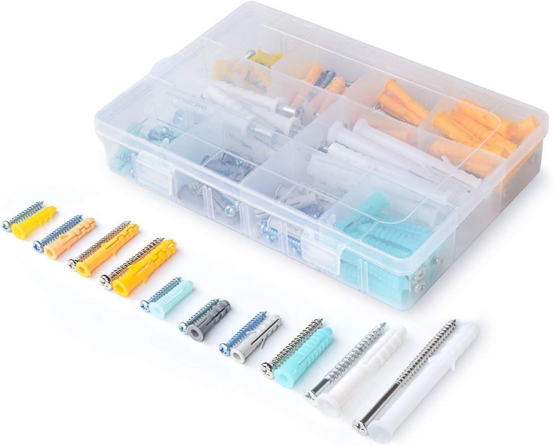200pcs Plastic Self Drilling Drywall Ribbed Anchors Assortment with Screws Kit Perfect for Fixing Curtains, Calligraphy, Wall Cabinets