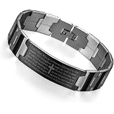 Flongo Men's Vintage Stainless Steel Silver Cross English Bible Lords Prayer Black Silver Link Wrist Bracelet for Christmas, 7.9 inch