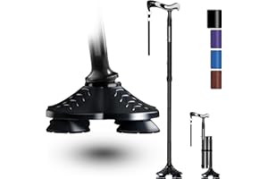 KingPavonini Walking Cane for Men Women Stability, Free Standing Foldable Cane, Ergonomic Handle Pivoting Quad Base, Heavy Duty 350 LBs, Adjustable Walking Canes for Seniors Balance with Travel Bag