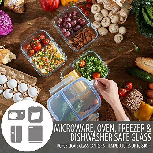 3 Pack Glass Meal Prep Containers 2 Compartment BPA Free Leakproof Glass Food Storage Containers Airtight Locking Lids Bento Lunch Box Containers Set in Large Insulated Thermal Cooler Meal Prep Bag