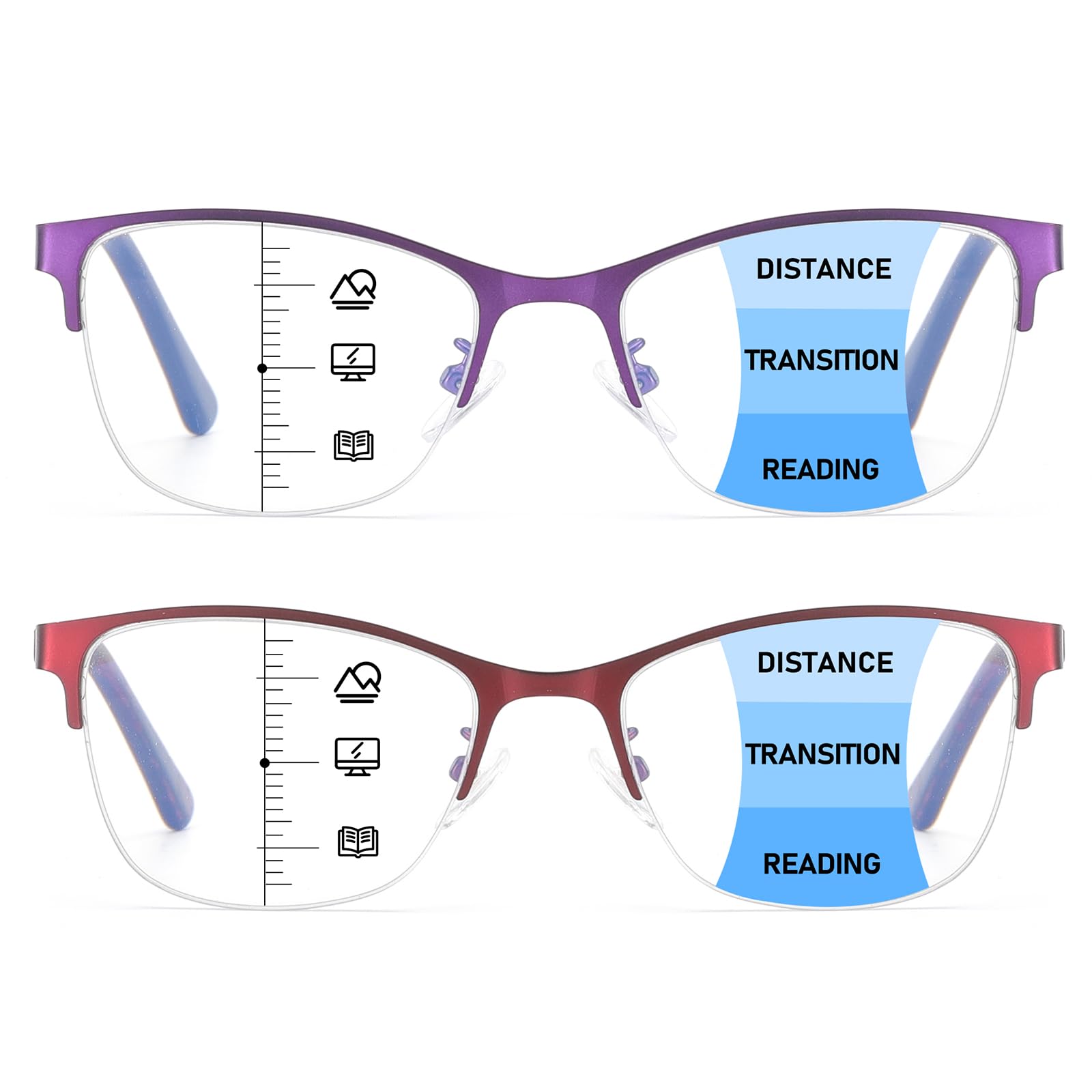 SOVCOD 2 Pack Progressive Multifocus Reading Glasses Women Blue Light Blocking Spring Hinge Readers Metal Computer Eyeglasses (Purple & Red, 1.5, x)