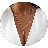 JECOMY 14K Gold Plated Lariat Necklace Dainty Long Gold Necklaces for Women Drop Y Necklace Cubic Zirconia Necklace Lip Chain Bar Bead Necklace Cute Jewelry