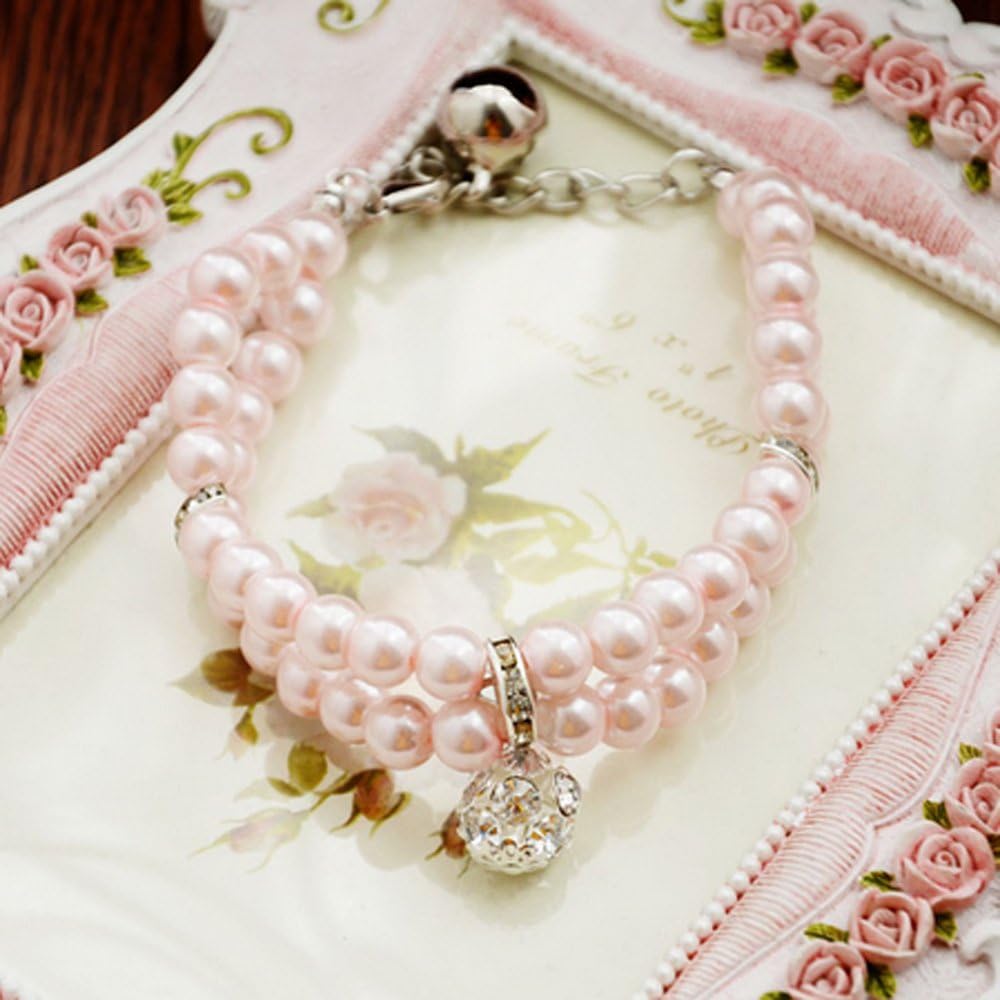 XDOBO 2 Rows Handmade Pink Pearls Rhinestones Pet Necklace Collar with Bling Diamond Fancy Dog Cat Jewelry Necklace L (pink)