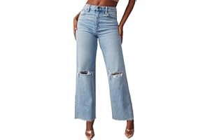 Allimy Women's High Waisted Straight Ankle Wide Leg Ripped Jeans Frayed Hem Stretchy Capri Denim Pants