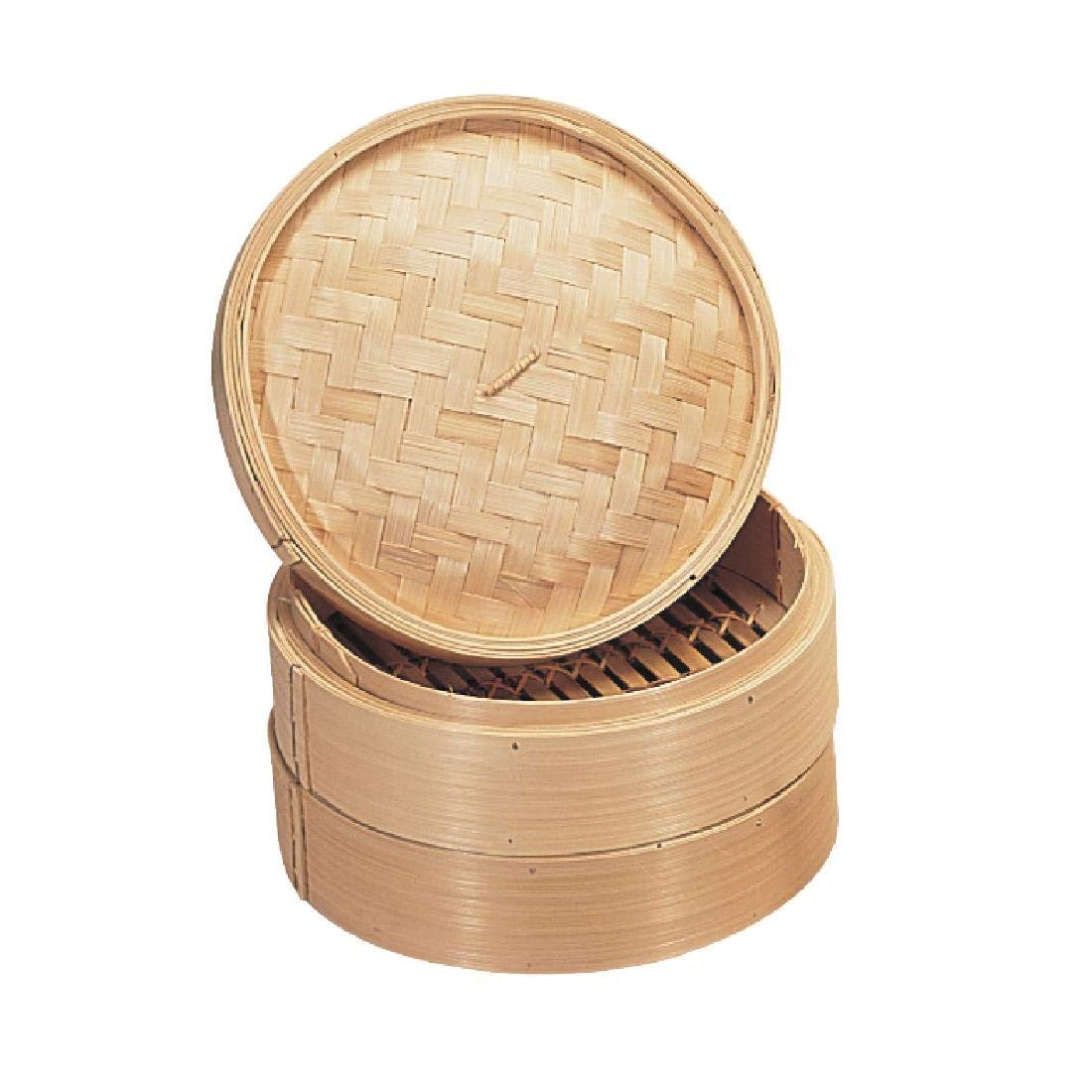Vogue Bamboo Food Steamer 203 mm Diameter, Natural Bamboo Wood Colour, 2-Tier Design, Tight Fitting Lid, Asian Cuisine, K303