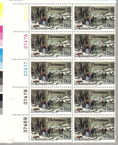 1976 CHRISTMAS WINTER PASTIMES - CURRIER (Overall Tag) #1702 Plate Block of 10 x 13 cents US Postage Stamps