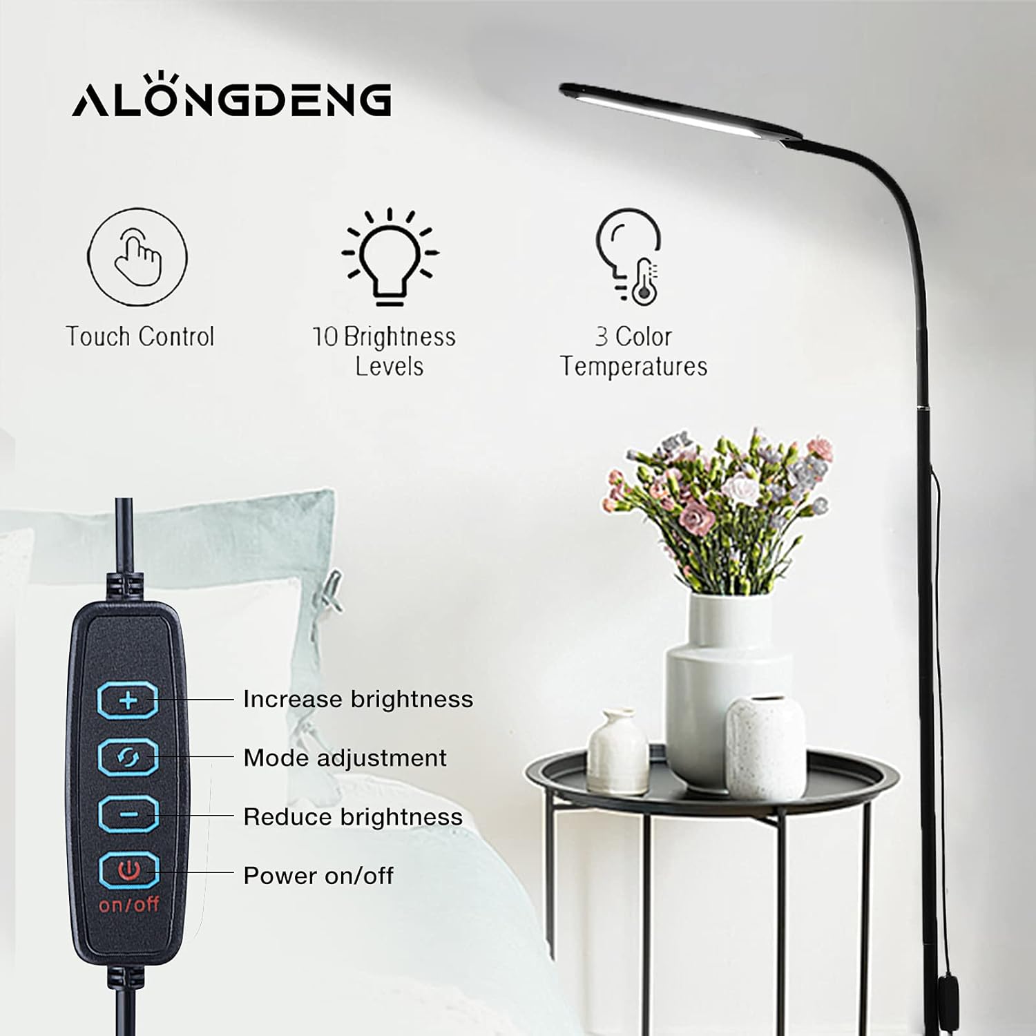 ALongDeng LED Floor Lamp with Adjustable Gooseneck, Height Adjustable Modern Standing Lamp, 10 Brightness Levels & 3 Color Temperatures, 14W Dimmable Reading Lamps for Bedroom Office Living Room Piano: Home Improvement