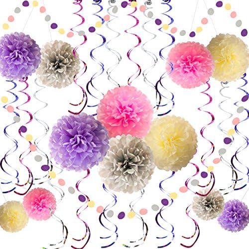 Party Decorations Kit for Girl 32 Pcs – Pink Silver Purple Cream Tissue Paper Pom Poms Flowers 12 Pcs, Circle Dot Garlands 2 Packs, Hanging Swirls 18 Pcs - Birthday Supplies for any Girls Party Theme