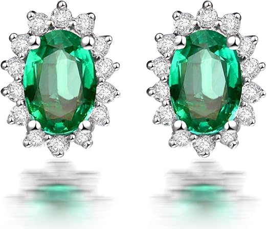 14k White Gold Natural Emerald Diamond Stud Earrings for Women